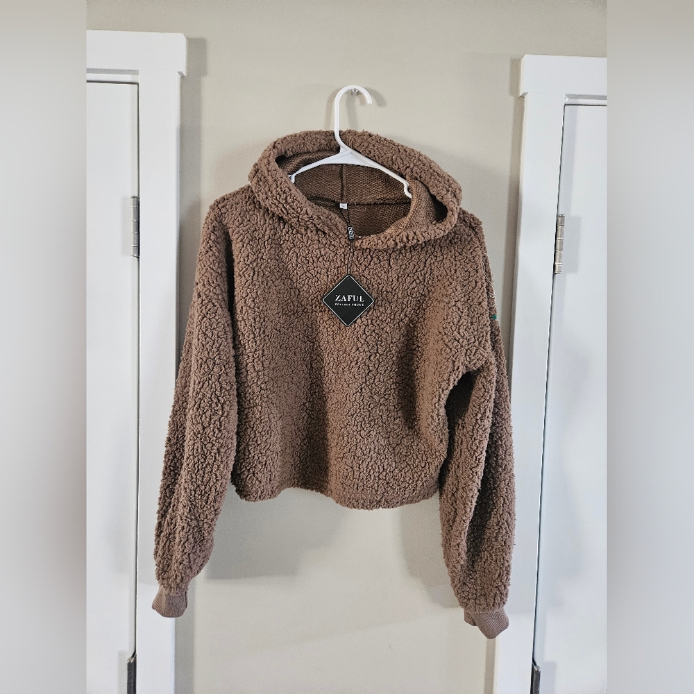 Zaful small brown teddy Sherpa super soft comfy crop long sleeve sweater hoodie